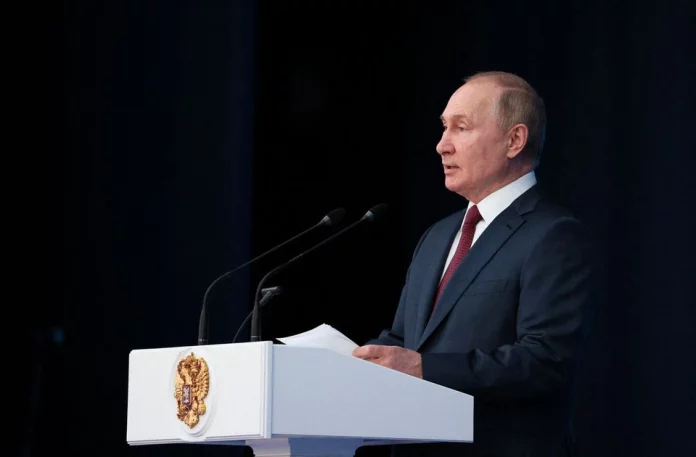 Ruský prezident Vladimir Putin predniesol prejav počas podujatia pri príležitosti 300. výročia založenia ruskej prokuratúry v Moskve, Rusko 12. januára 2022. Sputnik/Alexej Vitvitskij/Pool prostredníctvom agentúry REUTERS