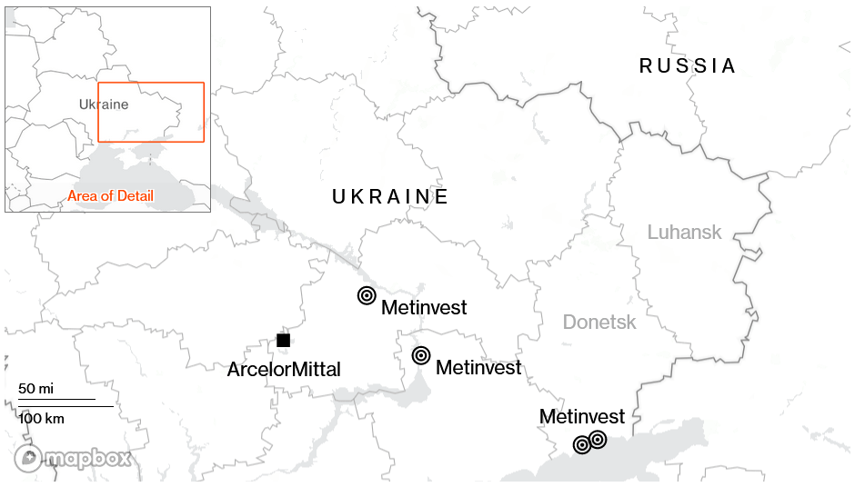 ArcelorMittal a Metinvest sú kľúčovými výrobcami na Ukrajine; Zdroj: Bloomberg