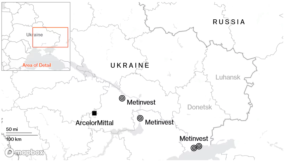 ArcelorMittal a Metinvest sú kľúčovými výrobcami na Ukrajine; Zdroj: Bloomberg