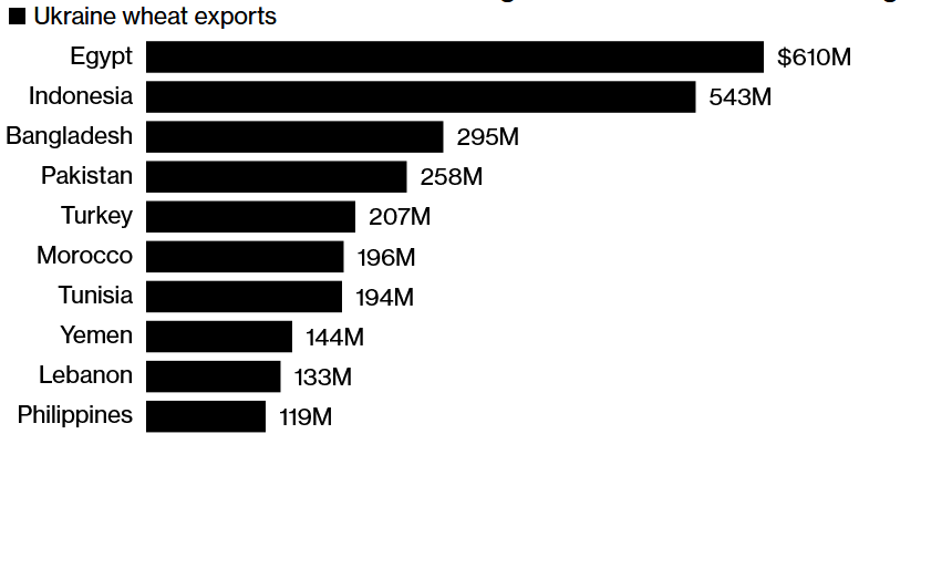 Krajiny Afriky a Ázie patria medzi najviac závislé od ukrajinského obilia; Zdroj: UN FAO cez Bloomberg