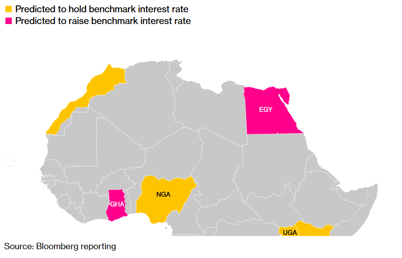 Očakáva sa, že 5 z 12 afrických centrálnych bánk zvýši úrokové miery; Zdroj: Bloomberg