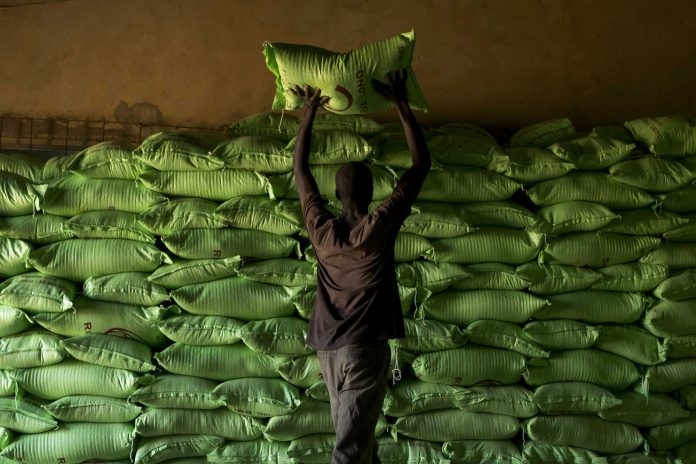 Pracovník ukladá vrecia so spracovanou ryžou v sklade v Saint-Louis v Senegale. Fotograf: Xaume Olleros/Bloomberg