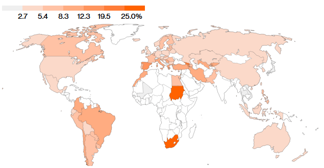 BVPrognóza miery nezamestnanosti
Zdroj: MMF cez Bloomberg
Poznámka: Mapované údaje zobrazujú miery za jednotlivé ekonomiky.